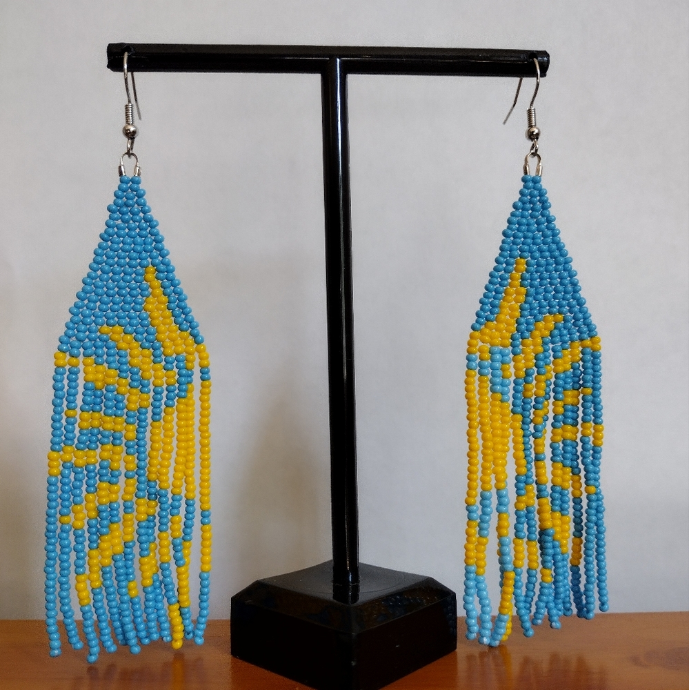 Gorgeous Sunshine Yellow & Blue 4.5" Beaded Statement Fringe Dangle SS Earrings